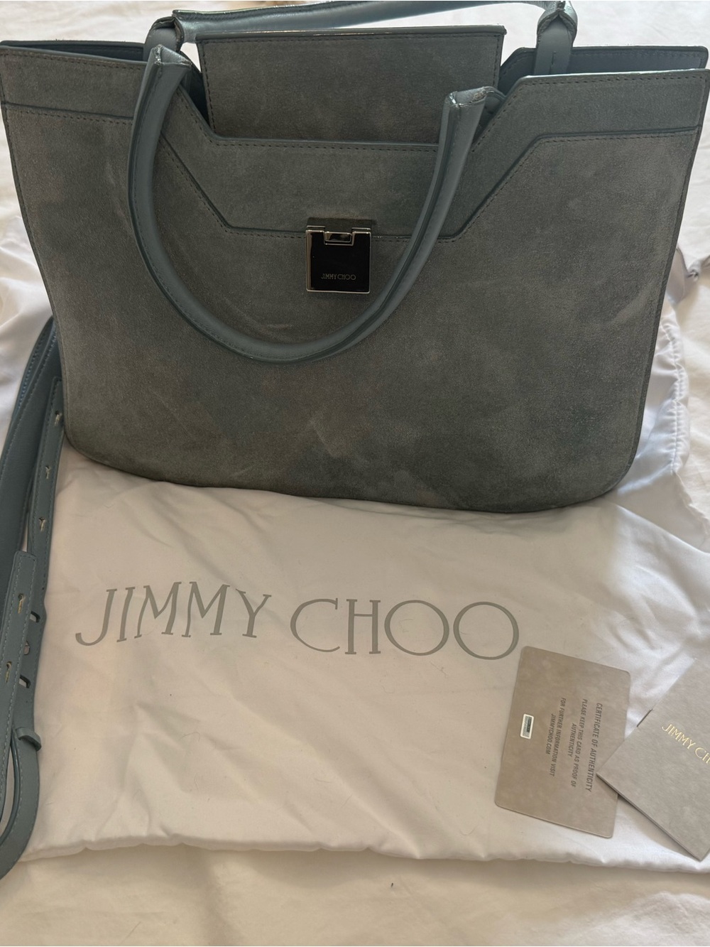Jimmy Choo Slate Blue Suede Satchel with Top Handles